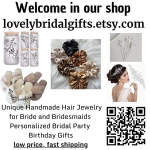 May include: An assortment of bridal accessories and gifts are displayed, including personalized slippers, floral-decorated glass tumblers, and various satin scrunchies in neutral tones. The image also features hair jewelry and a QR code.