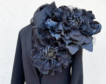 Black oversized shoulder corsage pin Extra large flower brooch