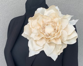 Off-white large flower brooch Ivory oversized shoulder corsage Pearl white pin