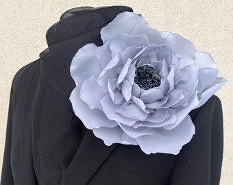 Gray extra large flower brooch Oversized shoulder corsage pin grey peony