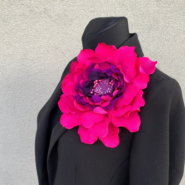Fuchsia brooch Extra large flower shoulder corsage Oversized red floral pin