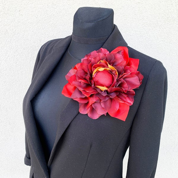 Large red flower corsage brooch Oversized floral pin
