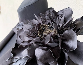 Oversized shoulder corsage Extra large flower brooch pin black