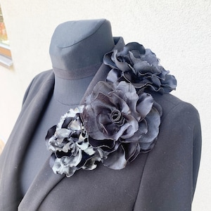 Extra large flower brooch Fabric shoulder corsage Black sparkle silver floral pin