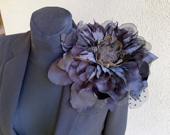 Extra large shoulder corsage Black flower brooch Oversized pin