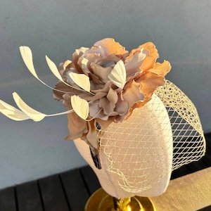 Gold fascinator hat Peony flower headband Kentucky Derby hat Wedding headpiece Hatinator tan