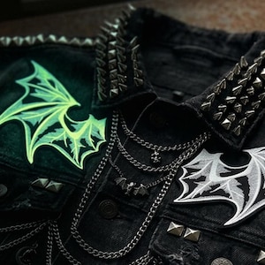 Parche gótico de alas de dragón, alas de murciélago que brillan en la oscuridad, ropa de terror y estilo gótico. Para coser/planchar/velcro.