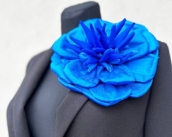 Royal blue large flower brooch Oversized shoulder corsage Lapel pin