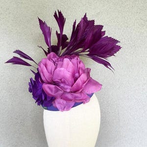 Fuchsia peony fascinator headband Kentucky Derby hat Wedding headpiece Feather flower hatinator