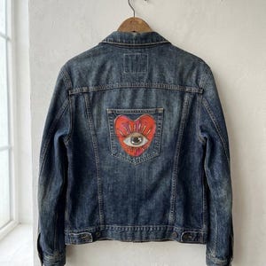 Custom jean jacket large back patch Sacred heart eye patch hand-painted 17x18 cm