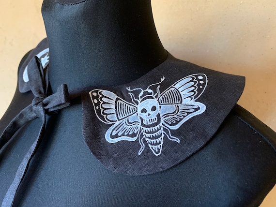 Skull moth removable fake collar Peter Pan collar Black linen goth collar Hand painted