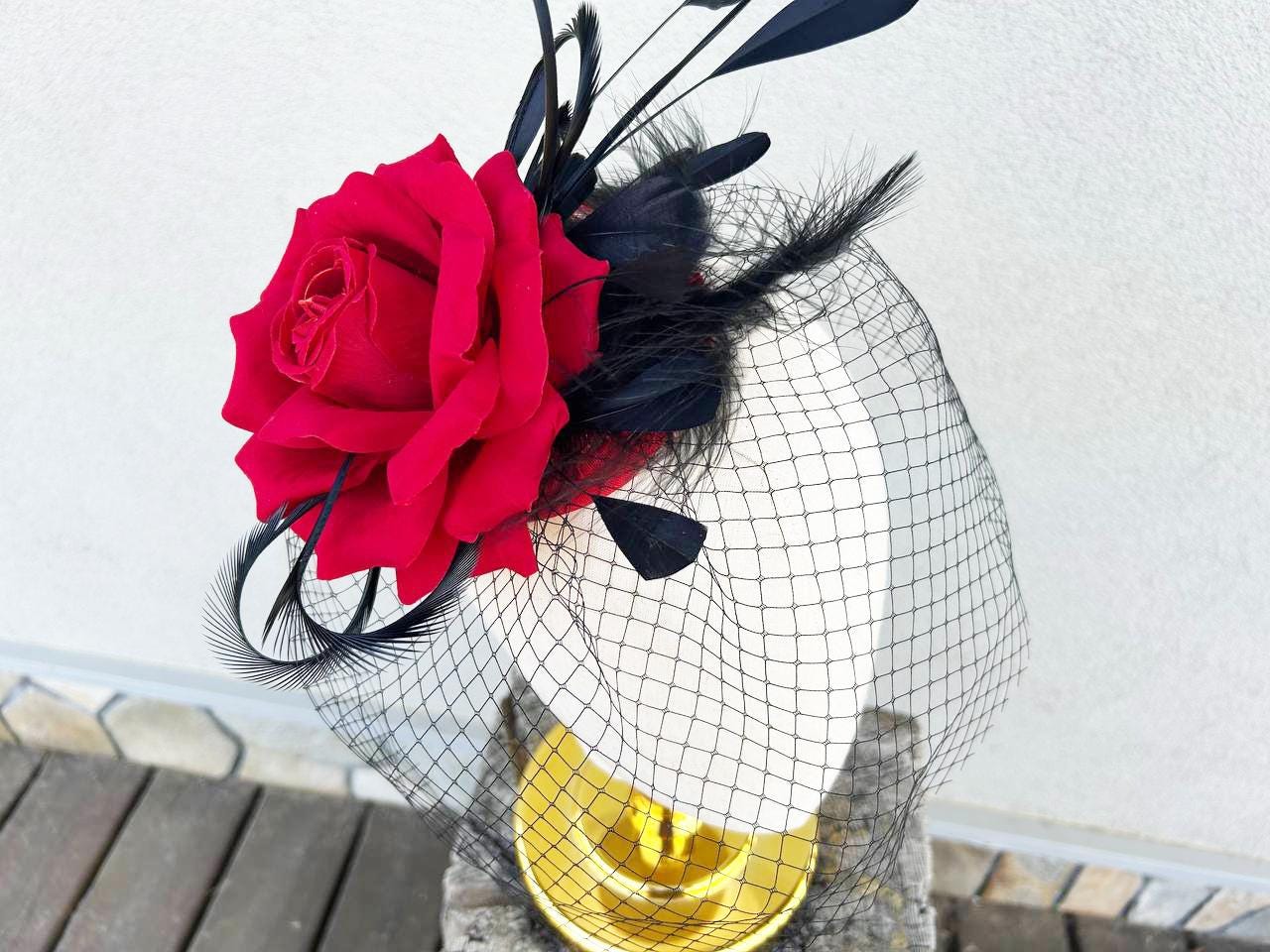 Red Roses Felt Veil Bolero Custom Derby Church Formal Party Wedding Hat Black Fascinator Hat: Red Silk Roses & Veil, Derby Headpiece  main image 3