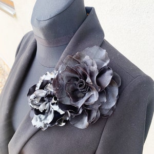 Extra large shoulder corsage Fabric flower brooch Black sparkle silver floral pin