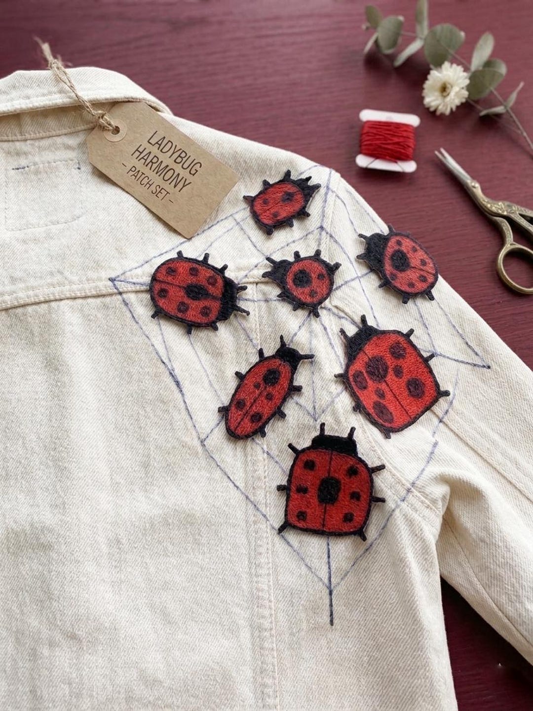 Ladybug Pattern Jacket Custom Jean Jacket Ladybug Patch UV Glow-in-the-dark Insect Patch Hand ...