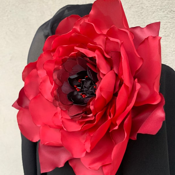 Très grande broche fleur de pavot Broche florale rouge surdimensionnée