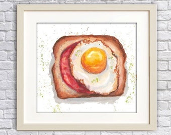 Food Poster Fried Egg Sandwich Printable Watercolor Clipart Bacon Toast Food Painting Breakfast Kitchen Wall Art Instant Download