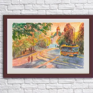 Ukrainian Digital Watercolor Mykolaiv Cityscape Printable Watercolor Download Church and Tram Painting Couple on Sunset Instant Download PDF