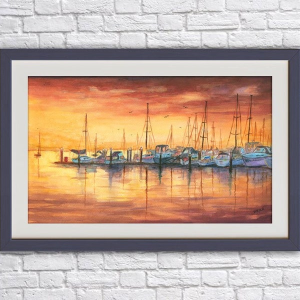 Sunset Seascape Wall Art Print Printable Watercolor Download Yachts on the Dock Painting Boats in Sea Instant Download PDF