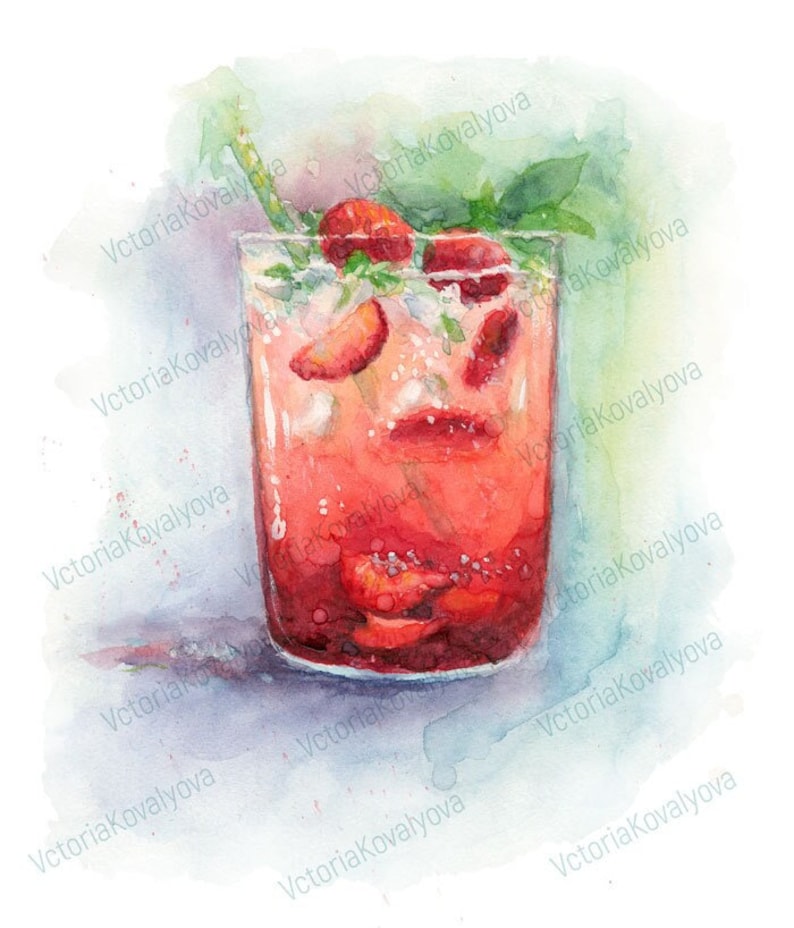 May include: A watercolor painting of a glass filled with a red strawberry drink. The drink is topped with ice and fresh mint leaves. A straw sticks out of the top of the glass.