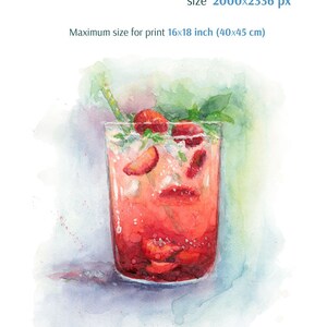 May include: A watercolor painting of a glass of strawberry lemonade with a straw. The glass is filled with ice, strawberries, and a sprig of mint. The drink is a vibrant red color and the background is a soft blue.