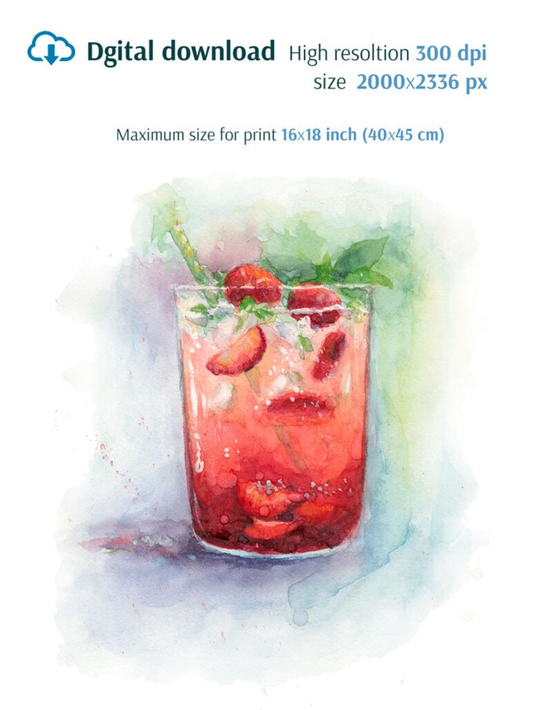 May include: A watercolor painting of a glass of strawberry lemonade with a straw. The glass is filled with ice, strawberries, and a sprig of mint. The drink is a vibrant red color and the background is a soft blue.