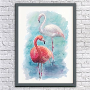 Pink Flamingo Printable Watercolor Ukraine Digital Tropical Illustration PNG PDF Printable White Flamingos Instant Download Wall Decor