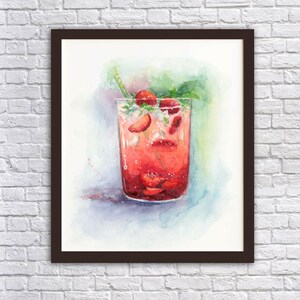 May include: Watercolor painting of a glass of strawberry lemonade with a straw and mint leaves. The drink is a vibrant red color and the glass is clear.