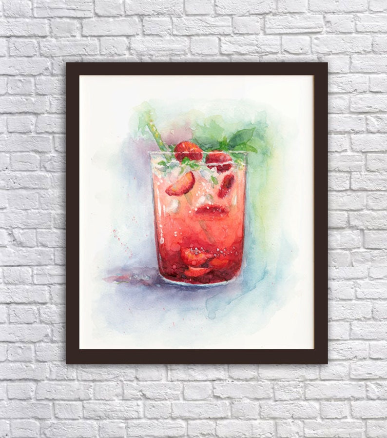 May include: Watercolor painting of a glass of strawberry lemonade with a straw and mint leaves. The drink is a vibrant red color and the glass is clear.