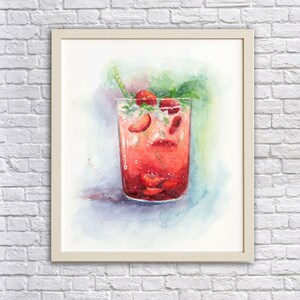May include: Watercolor painting of a glass of strawberry lemonade with a straw and mint leaves. The drink is a vibrant red color and the glass is clear.