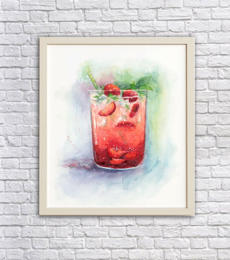 May include: Watercolor painting of a glass of strawberry lemonade with a straw and mint leaves. The drink is a vibrant red color and the glass is clear.