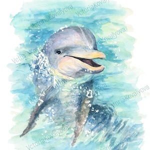 Ukrainian Digital Watercolor Dolphin Printable Wall Digital Download Cute Dolphin PNG Animal Painting Ocean PDF Digital Clip Art