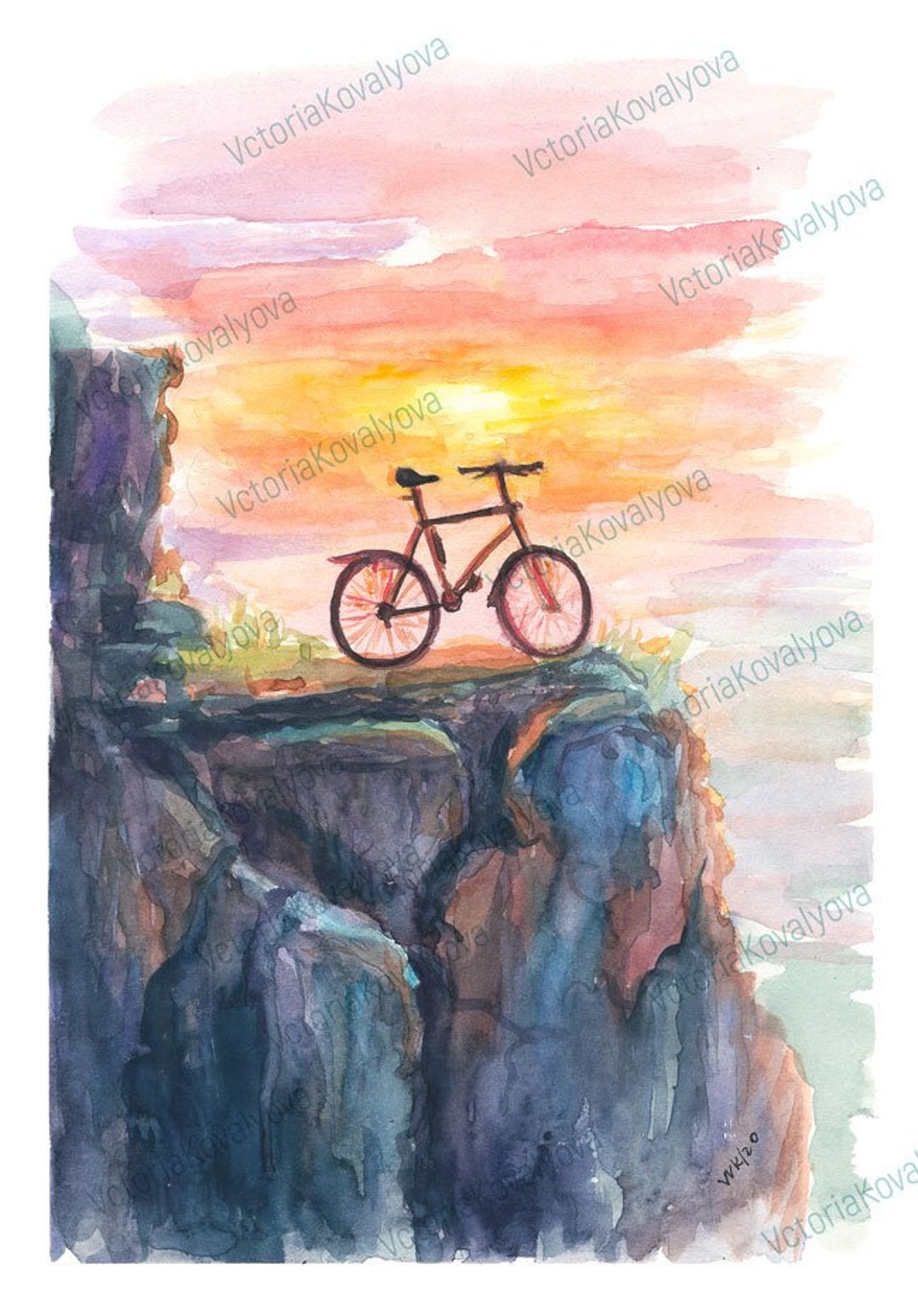 Watercolor Bicycle at Sunset Wall Art Printable Watercolor
