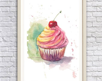 Ukrainian Shop Watercolor Cherry Cupcake Ukraine Digital File Sweets Hand Painted Food PNG PDF Cupcake Download Printable Kitchen Wall Art
