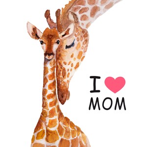 Giraffen downloadbare aquarel Moederdag afdrukbare gift dierlijke moeder en baby kinderkamer kunst aan de muur Instant Download giraffen PNG clipart