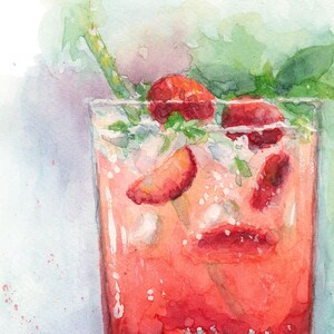 May include: A watercolor painting of a glass filled with a pink strawberry drink. The drink is topped with fresh mint and strawberries. A straw sticks out of the top of the glass.