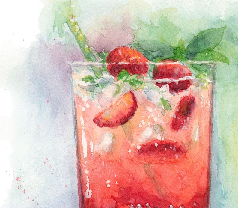 May include: A watercolor painting of a glass filled with a pink strawberry drink. The drink is topped with fresh mint and strawberries. A straw sticks out of the top of the glass.