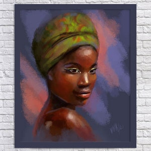 Retrato imprimible Descarga digital Retrato de mujer negra PDF PNG Archivo Arte digital africano Chica negra Decoración de pared Impresión para bolso Diseño negro