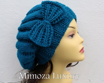 Knitted Beret Hat with bow