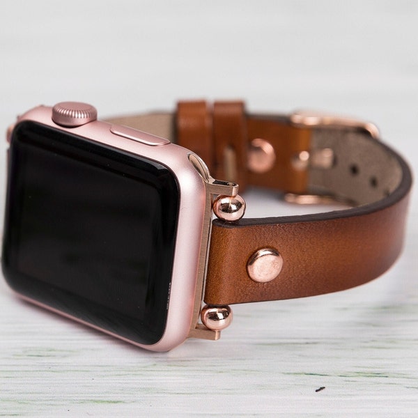 Slim Leather Apple Watch Strap 38mm 40mm 41mm 42mm 44mm 45mm 49mm, Women Brown Band for iWatch Series 9 8 7 6 5 4 3 SE Ultra, Birthday Gift