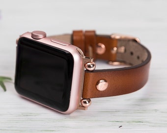 Slim Leather Apple Watch Strap 38mm 40mm 41mm 42mm 44mm 45mm 49mm, Women Brown Band for iWatch Series 9 8 7 6 5 4 3 SE Ultra, Birthday Gift