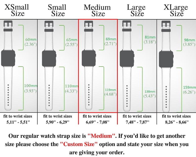 Puede incluir: Diagrama que muestra cinco tama&ntilde;os diferentes de correas de reloj: XS, S, M, L y XL. Cada tama&ntilde;o se ilustra con una correa de reloj y el tama&ntilde;o de mu&ntilde;eca correspondiente en pulgadas y mil&iacute;metros. El texto indica que el tama&ntilde;o de correa de reloj est&aacute;ndar es "M" y que los clientes pueden elegir la opci&oacute;n "Tama&ntilde;o personalizado" para especificar el tama&ntilde;o de su mu&ntilde;eca.