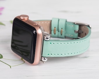 Mint Green Leather Apple Watch Band: Slim iWatch Strap, all Series 1-11