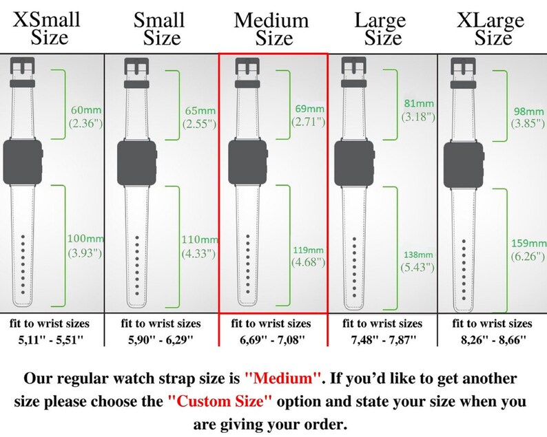 May include: Diagram showing five different watch strap sizes: X-Small, Small, Medium, Large, and X-Large. Each size is illustrated with a watch strap and includes the strap length in millimetres and inches, as well as the corresponding wrist size in inches. The text states that the regular watch strap size is "Medium" and that customers can choose the "Custom Size" option to specify their wrist size.