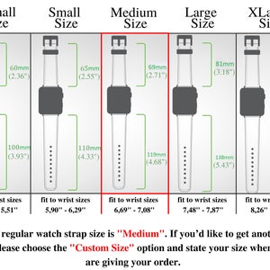 Puede incluir: Diagrama que muestra diferentes tama&ntilde;os de correas de reloj para medidas de mu&ntilde;eca. Los tama&ntilde;os son XS, S, M, L y XL. Los tama&ntilde;os de la correa se miden en mil&iacute;metros y pulgadas. El texto indica que el tama&ntilde;o de correa de reloj est&aacute;ndar es "M". Si desea obtener otro tama&ntilde;o, elija la opci&oacute;n "Tama&ntilde;o personalizado" e indique su tama&ntilde;o al realizar su pedido.