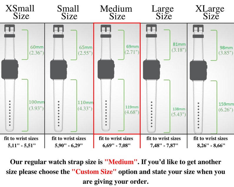 Puede incluir: Diagrama que muestra diferentes tama&ntilde;os de correas de reloj para medidas de mu&ntilde;eca. Los tama&ntilde;os son XS, S, M, L y XL. Los tama&ntilde;os de la correa se miden en mil&iacute;metros y pulgadas. El texto indica que el tama&ntilde;o de correa de reloj est&aacute;ndar es "M". Si desea obtener otro tama&ntilde;o, elija la opci&oacute;n "Tama&ntilde;o personalizado" e indique su tama&ntilde;o al realizar su pedido.