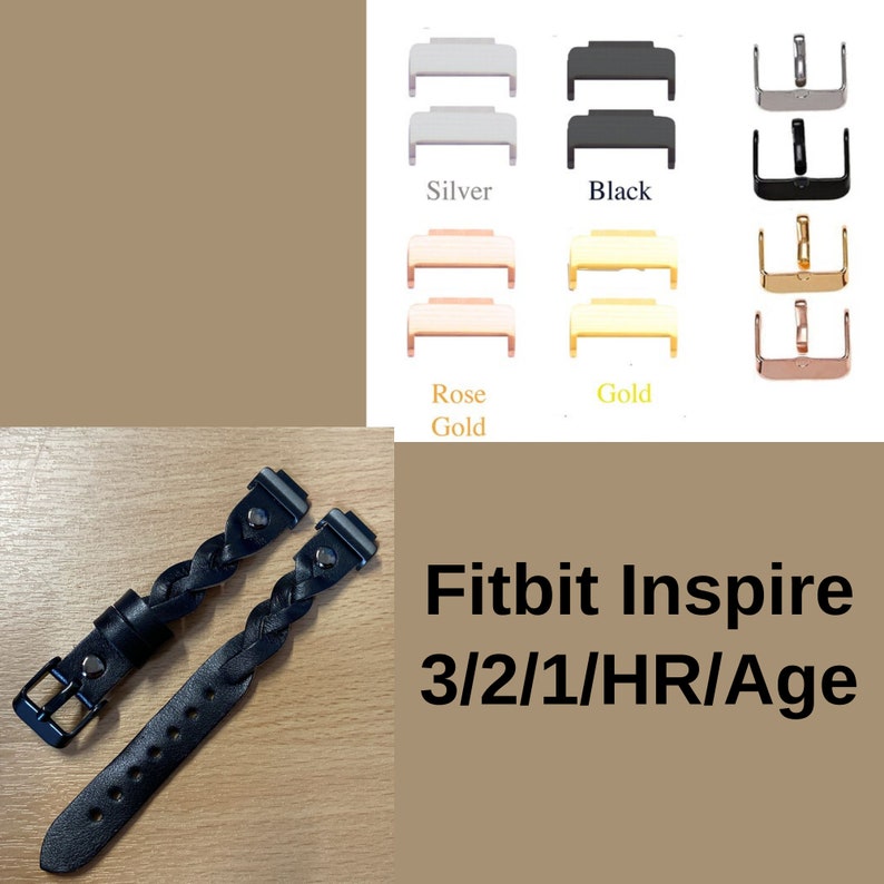 May include: Two black braided leather bands for a Fitbit Inspire 3/2/1/HR/Age smartwatch. The bands are shown against a brown background. The image also shows different color options for the watch band.