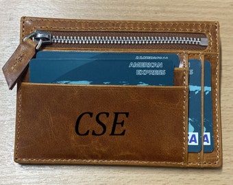 Tarjetero delgado de cuero, billetera pequeña personalizada con cremallera, billetera de bolsillo frontal hecha a mano, billetera delgada de regalo para él y ella
