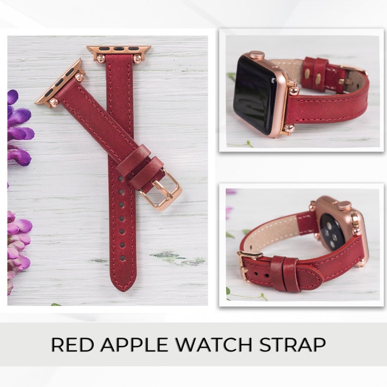 May include: Red leather Apple Watch band with rose gold hardware. The band is shown on a white wooden surface.