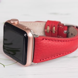 Genuine Leather Apple Watch Band for Women, iWatch Strap 40mm 41mm 42mm 44mm 45mm 46mm 49mm, Red Slim watch Band, Mother Gift for Her