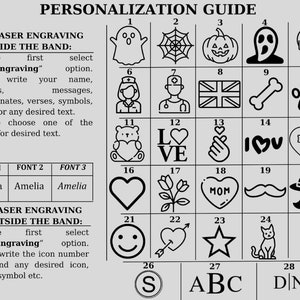 Puede incluir: Un gr&aacute;fico en blanco y negro con los n&uacute;meros del 1 al 28. Cada n&uacute;mero corresponde a un icono o s&iacute;mbolo diferente. El gr&aacute;fico se titula "Gu&iacute;a de personalizaci&oacute;n" e incluye instrucciones para el grabado l&aacute;ser dentro y fuera de una banda. Las fuentes "Amelia" se enumeran para el grabado de texto.